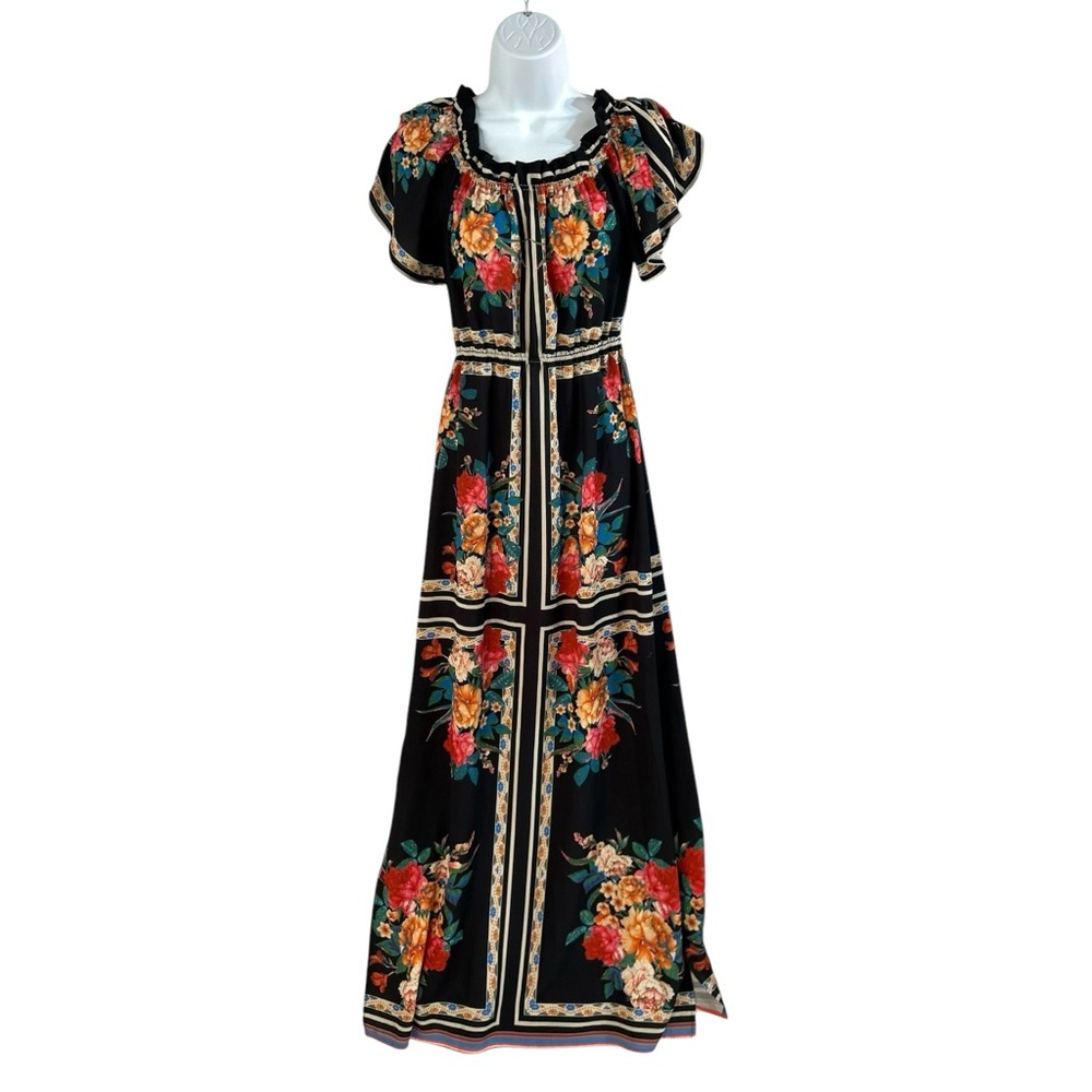 Lulus Trip to Tobago Maxi Dress Small Black Floral Off-the-Shoulder Vacation